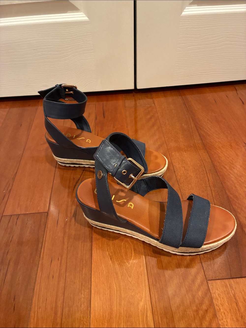 Unisa Navy Espadrille Wedge Sandals with Ankle Buckle
